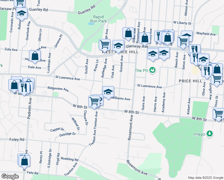 map of restaurants, bars, coffee shops, grocery stores, and more near 4121 Jamestown Street in Cincinnati