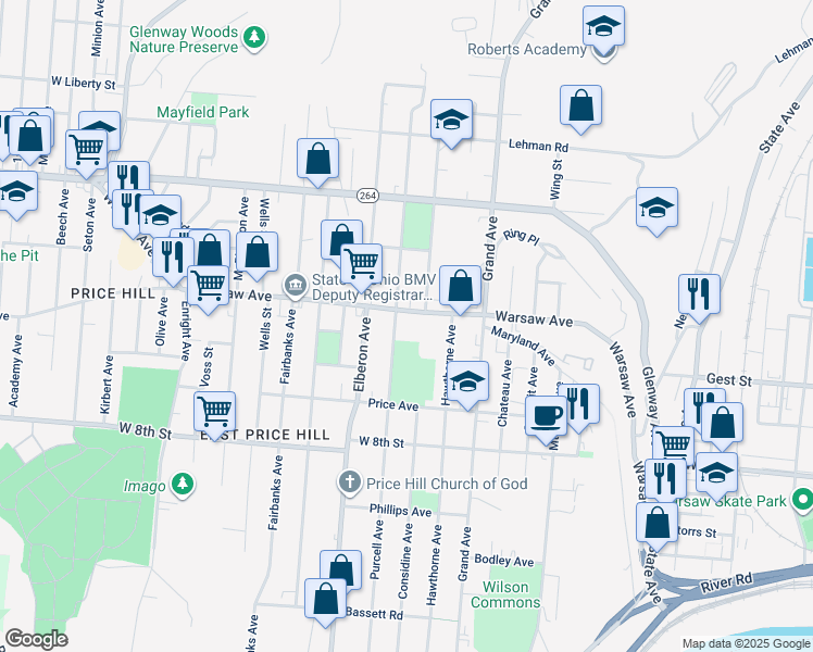 map of restaurants, bars, coffee shops, grocery stores, and more near 3215 Warsaw Avenue in Cincinnati