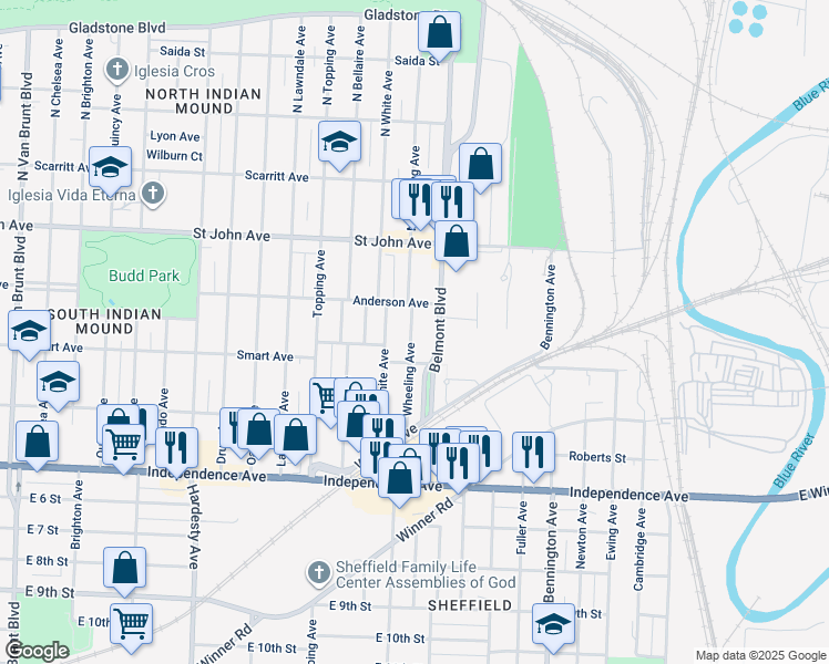 map of restaurants, bars, coffee shops, grocery stores, and more near 323 South Wheeling Avenue in Kansas City