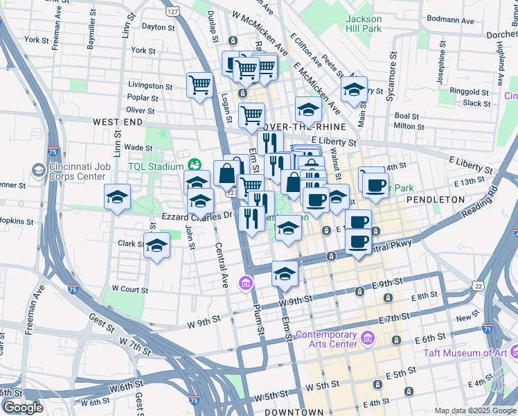 map of restaurants, bars, coffee shops, grocery stores, and more near 1243 Elm Street in Cincinnati
