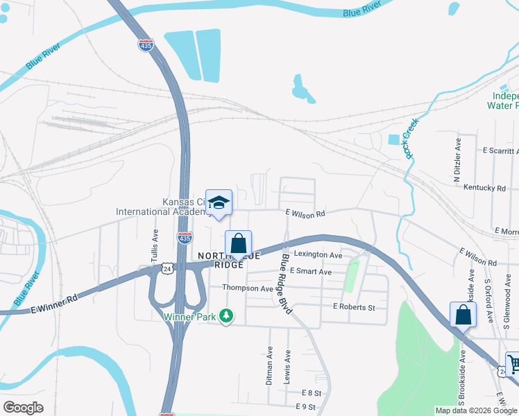 map of restaurants, bars, coffee shops, grocery stores, and more near 8514 Wilson Road in Kansas City