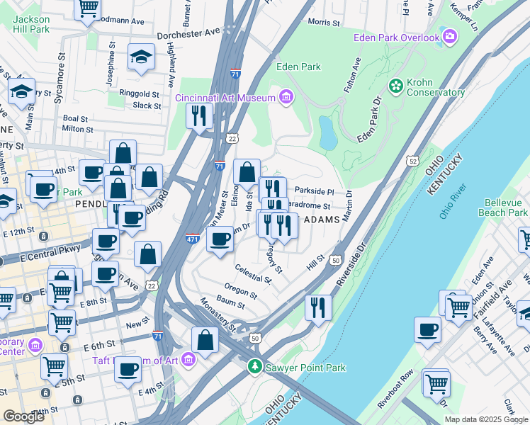 map of restaurants, bars, coffee shops, grocery stores, and more near 1204 Wareham Drive in Cincinnati
