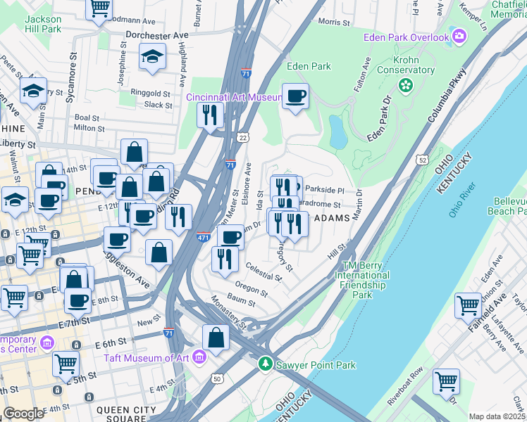 map of restaurants, bars, coffee shops, grocery stores, and more near 907 Paradrome Street in Cincinnati