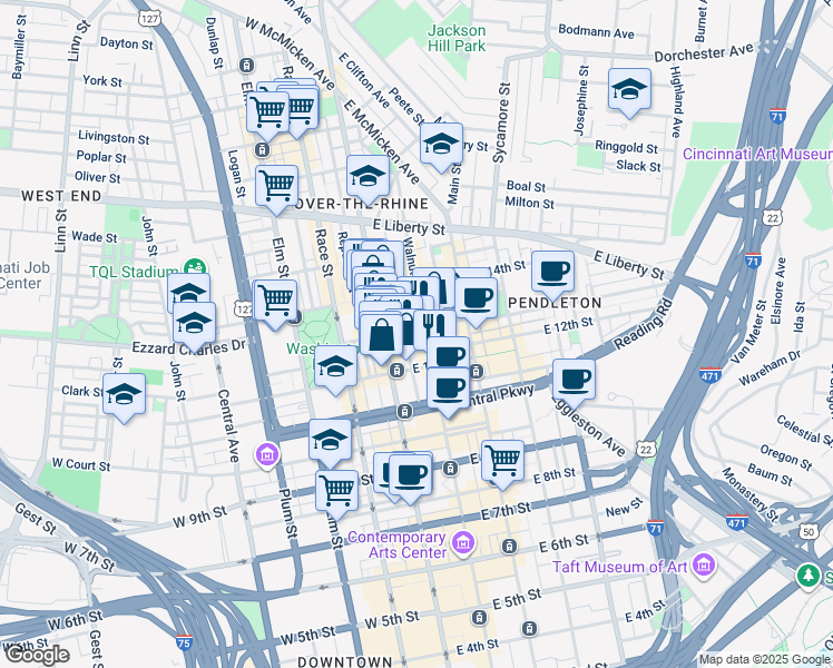 map of restaurants, bars, coffee shops, grocery stores, and more near 1234 Vine Street in Cincinnati