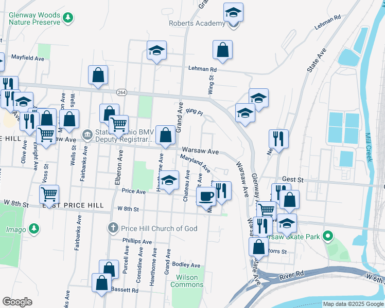 map of restaurants, bars, coffee shops, grocery stores, and more near 2811 Warsaw Avenue in Cincinnati