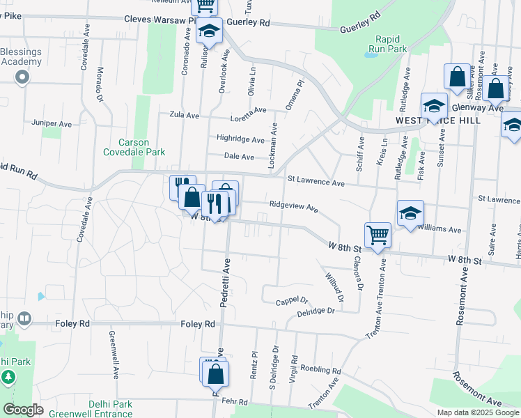 map of restaurants, bars, coffee shops, grocery stores, and more near 4445 Ridgeview Avenue in Cincinnati