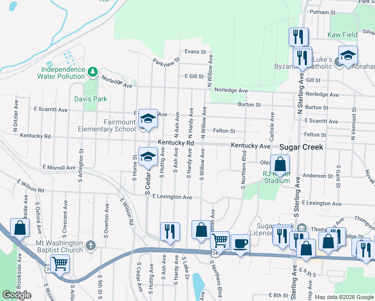 map of restaurants, bars, coffee shops, grocery stores, and more near 107 South Ash Avenue in Independence