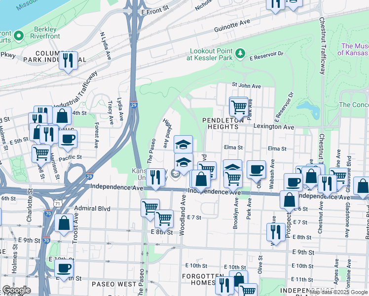 map of restaurants, bars, coffee shops, grocery stores, and more near 1734 East Missouri Avenue in Kansas City