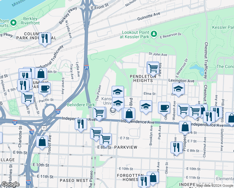 map of restaurants, bars, coffee shops, grocery stores, and more near 1734 East Missouri Avenue in Kansas City