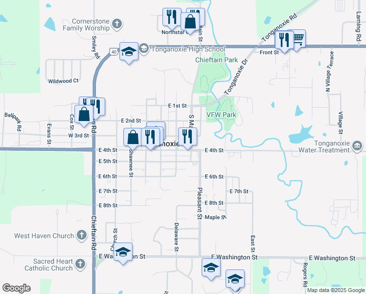 map of restaurants, bars, coffee shops, grocery stores, and more near 635 East 4th Street in Tonganoxie