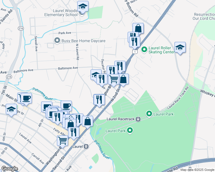 map of restaurants, bars, coffee shops, grocery stores, and more near 10054 Washington Boulevard North in Laurel