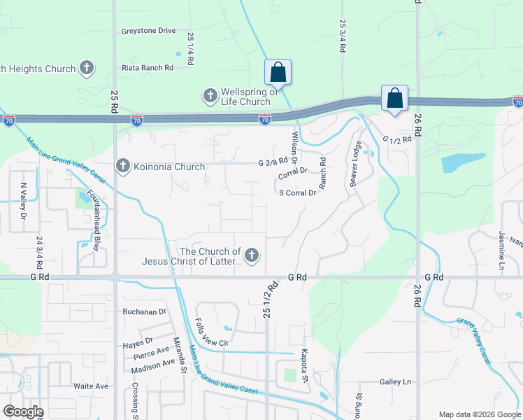 map of restaurants, bars, coffee shops, grocery stores, and more near 727 Corral Drive in Grand Junction