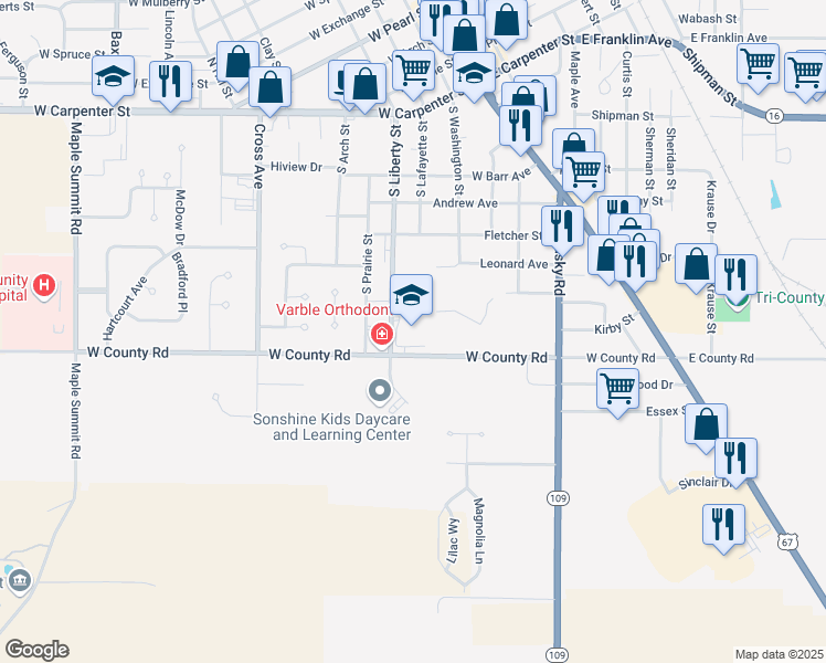 map of restaurants, bars, coffee shops, grocery stores, and more near 1101 South Liberty Street in Jerseyville
