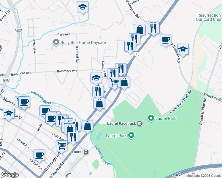 map of restaurants, bars, coffee shops, grocery stores, and more near 10071 Washington Boulevard North in Laurel