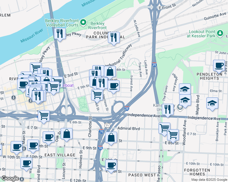 map of restaurants, bars, coffee shops, grocery stores, and more near 527 Gillis Street in Kansas City