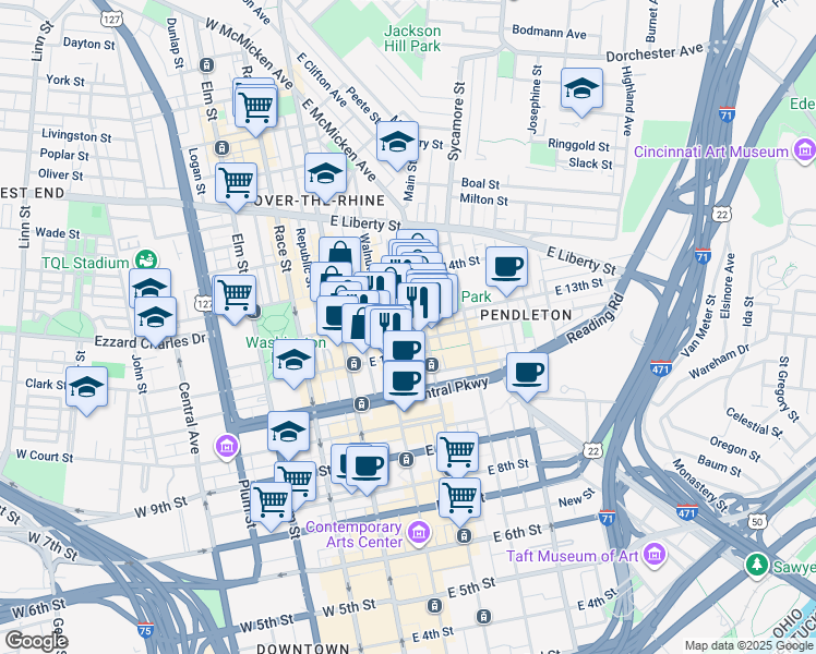 map of restaurants, bars, coffee shops, grocery stores, and more near 123 East 13th Street in Cincinnati