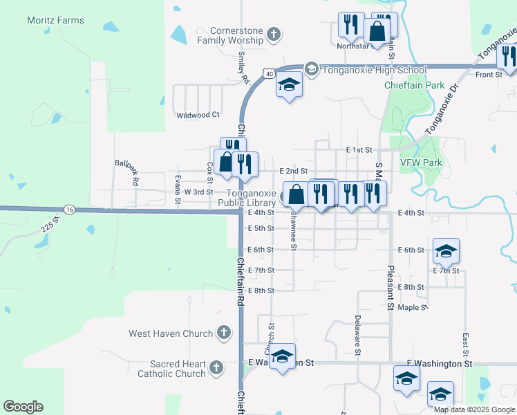 map of restaurants, bars, coffee shops, grocery stores, and more near 115 East 4th Street in Tonganoxie