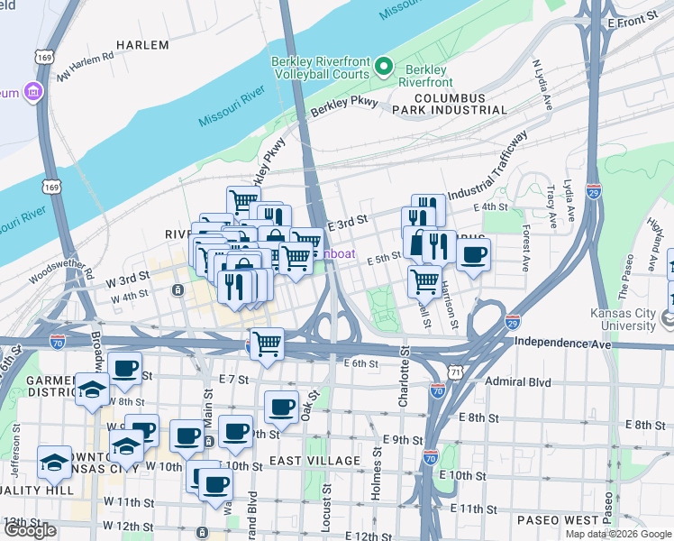map of restaurants, bars, coffee shops, grocery stores, and more near Cherry St & E 5th St in Kansas City