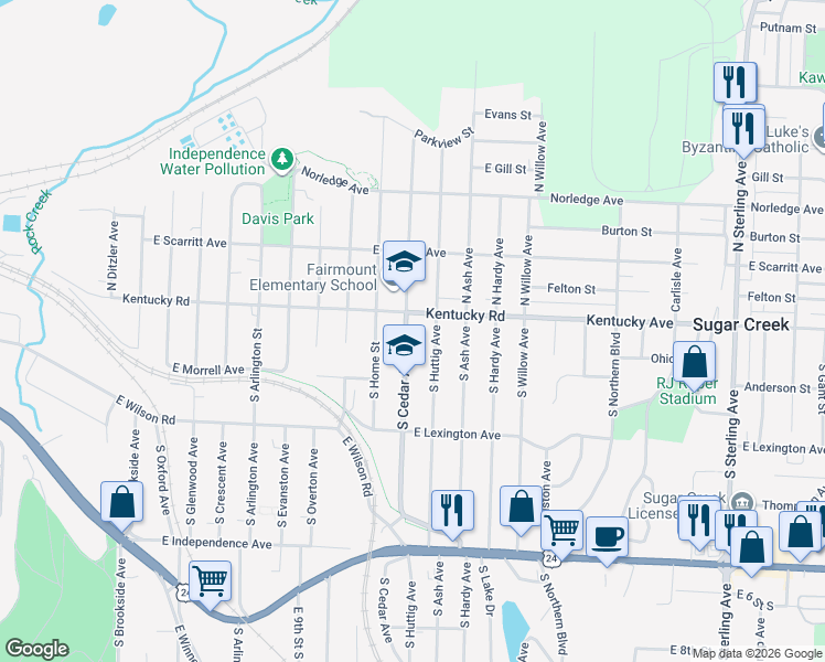 map of restaurants, bars, coffee shops, grocery stores, and more near 115 South Cedar Avenue in Independence