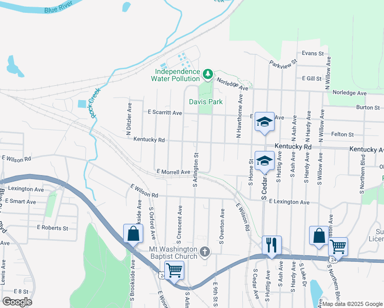 map of restaurants, bars, coffee shops, grocery stores, and more near 120 South Arlington Avenue in Independence