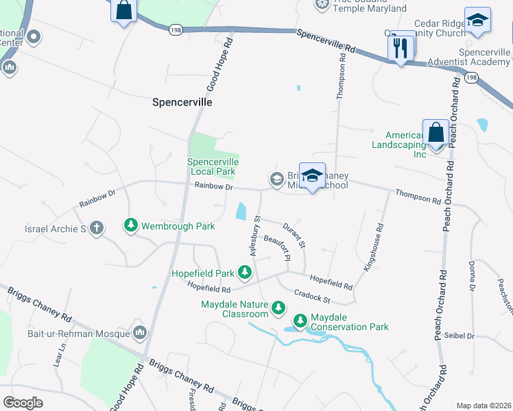 map of restaurants, bars, coffee shops, grocery stores, and more near 15420 Aylesbury Street in Silver Spring