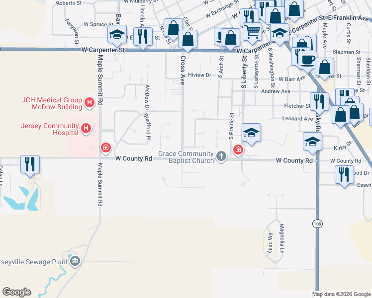 map of restaurants, bars, coffee shops, grocery stores, and more near 611 Cross Winds Court in Jerseyville