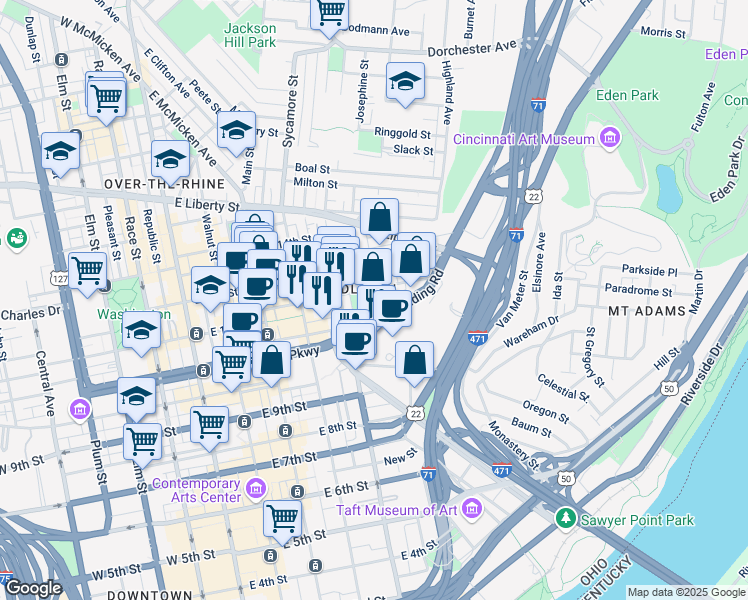 map of restaurants, bars, coffee shops, grocery stores, and more near 444 Reading Road in Cincinnati