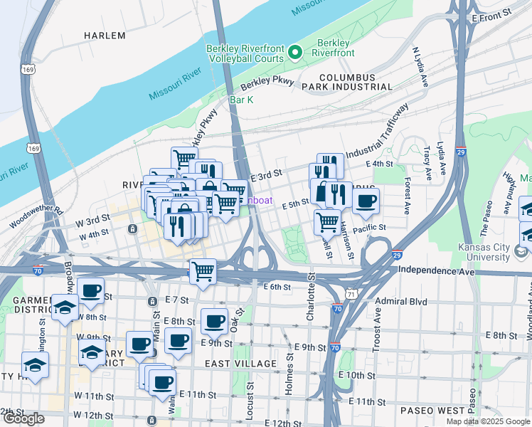 map of restaurants, bars, coffee shops, grocery stores, and more near 511 East 5th Street in Kansas City