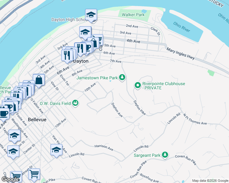 map of restaurants, bars, coffee shops, grocery stores, and more near 602 Belmont Rd in Dayton