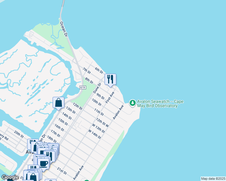 map of restaurants, bars, coffee shops, grocery stores, and more near 700 First Avenue in Avalon