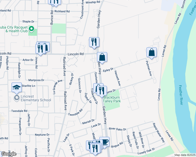 map of restaurants, bars, coffee shops, grocery stores, and more near 1330 Eastwind Drive in Yuba City