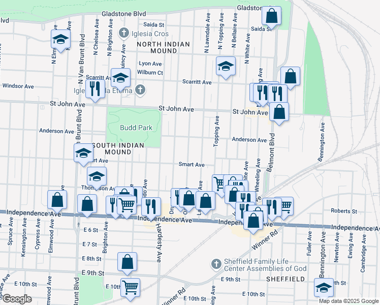 map of restaurants, bars, coffee shops, grocery stores, and more near 329 South Oakley Avenue in Kansas City