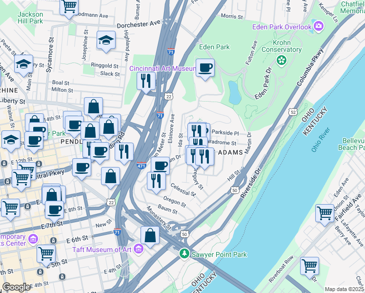 map of restaurants, bars, coffee shops, grocery stores, and more near 1222 Ida Street in Cincinnati
