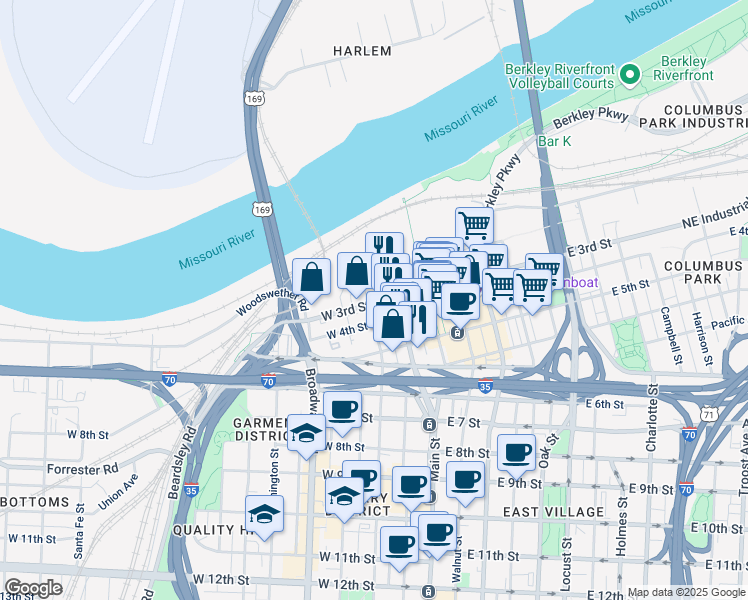 map of restaurants, bars, coffee shops, grocery stores, and more near 114A West 3rd Street in Kansas City