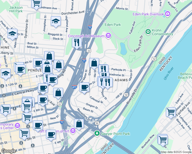 map of restaurants, bars, coffee shops, grocery stores, and more near 1222 Ida Street in Cincinnati