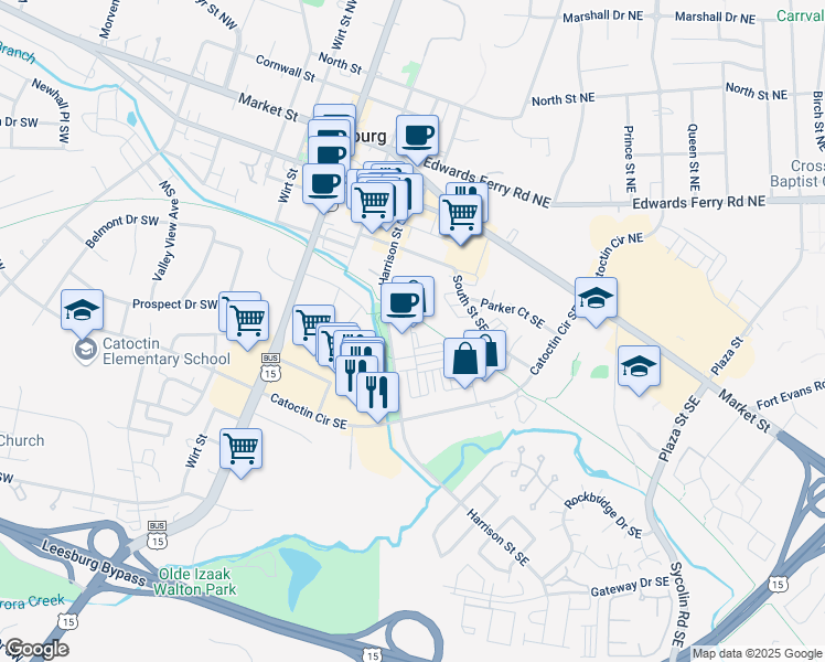 map of restaurants, bars, coffee shops, grocery stores, and more near 415 Kornblau Terrace Southeast in Leesburg