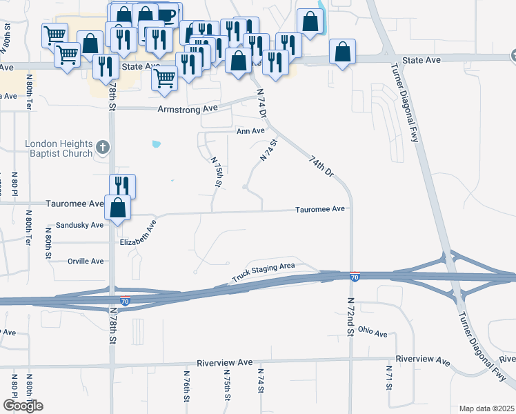 map of restaurants, bars, coffee shops, grocery stores, and more near 600 North 74th Street in Kansas City