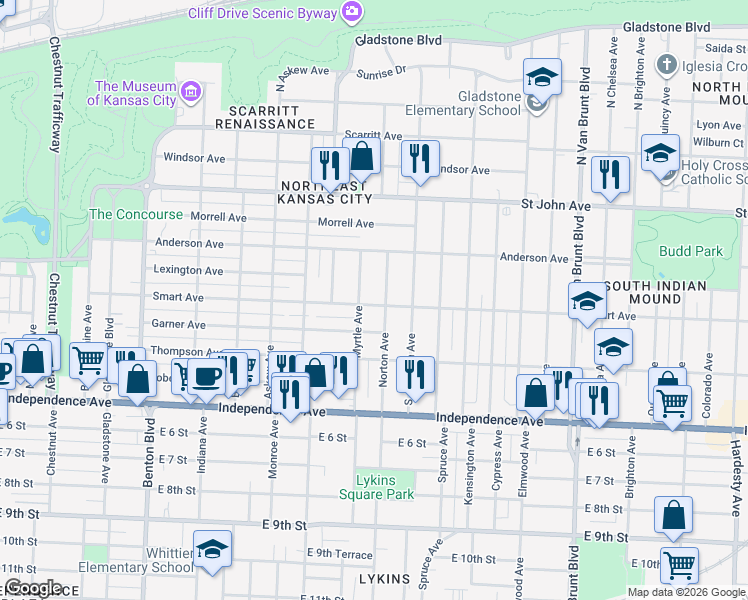 map of restaurants, bars, coffee shops, grocery stores, and more near 4012 Smart Avenue in Kansas City