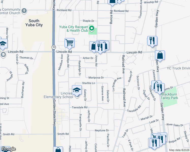 map of restaurants, bars, coffee shops, grocery stores, and more near 1007 Mariposa Drive in Yuba City