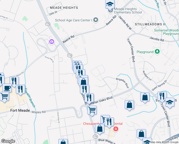 map of restaurants, bars, coffee shops, grocery stores, and more near 2228 Commissary Circle in Odenton