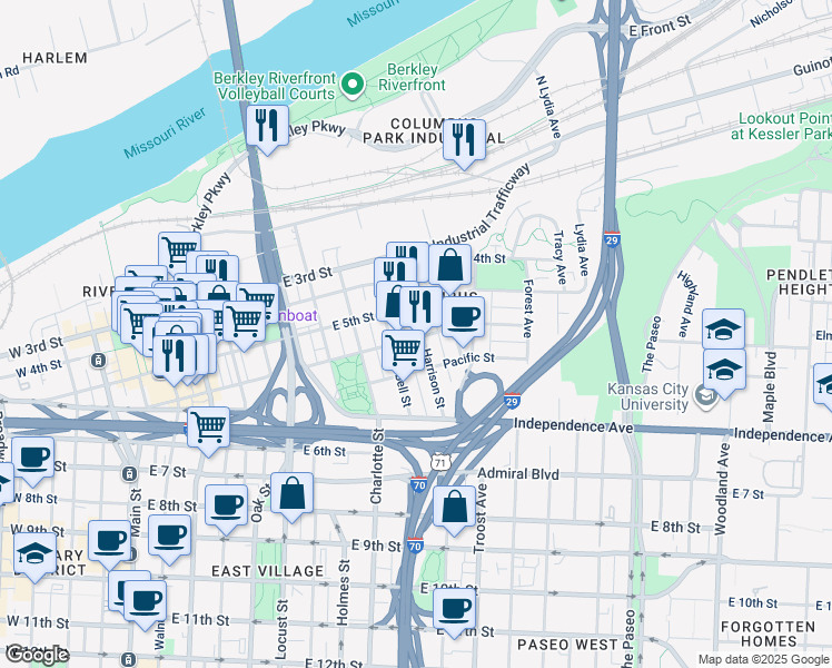 map of restaurants, bars, coffee shops, grocery stores, and more near 522 Harrison Street in Kansas City