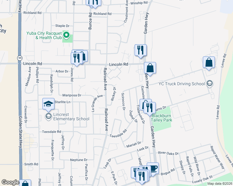 map of restaurants, bars, coffee shops, grocery stores, and more near 1210 Rickey Drive in Yuba City