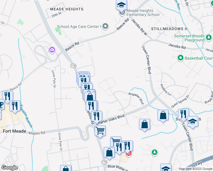 map of restaurants, bars, coffee shops, grocery stores, and more near 2108 Commodore Court in Odenton