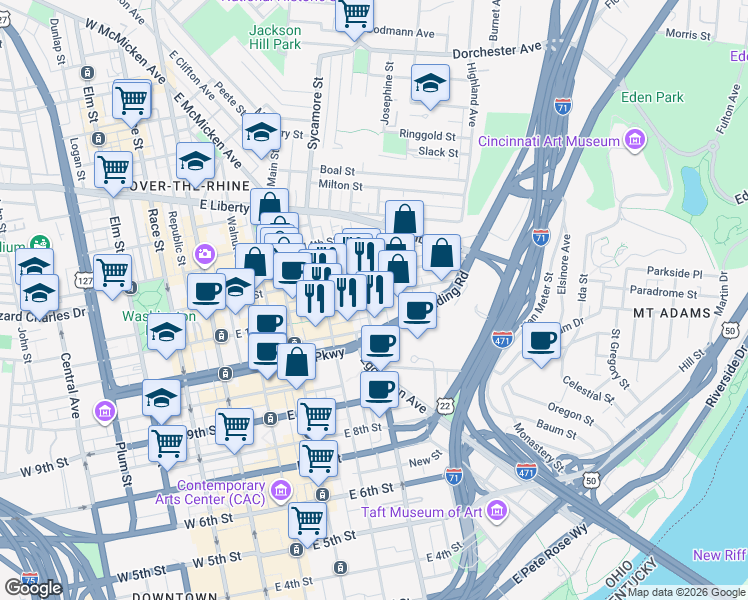 map of restaurants, bars, coffee shops, grocery stores, and more near 407 East 12th Street in Cincinnati