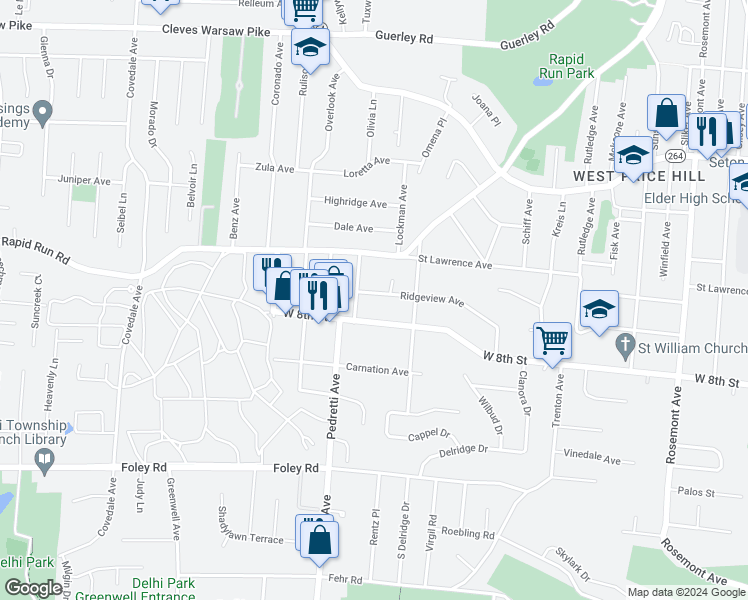 map of restaurants, bars, coffee shops, grocery stores, and more near 4441 Ridgeview Avenue in Cincinnati