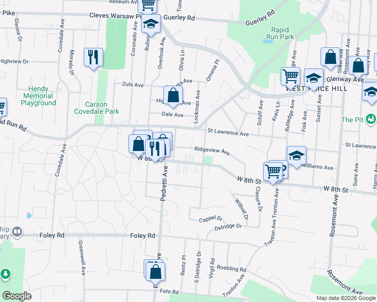 map of restaurants, bars, coffee shops, grocery stores, and more near 4445 Ridgeview Avenue in Cincinnati