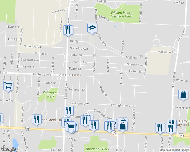 map of restaurants, bars, coffee shops, grocery stores, and more near 101 North Vermont Street in Sugar Creek