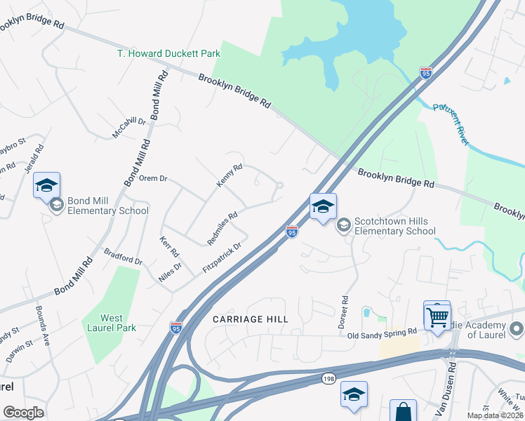 map of restaurants, bars, coffee shops, grocery stores, and more near 7109 Redmiles Road in Laurel