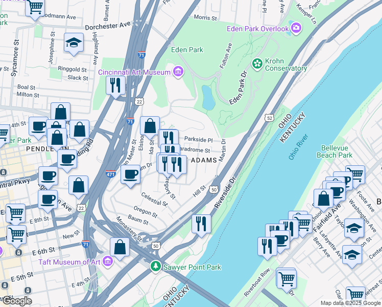 map of restaurants, bars, coffee shops, grocery stores, and more near in Cincinnati