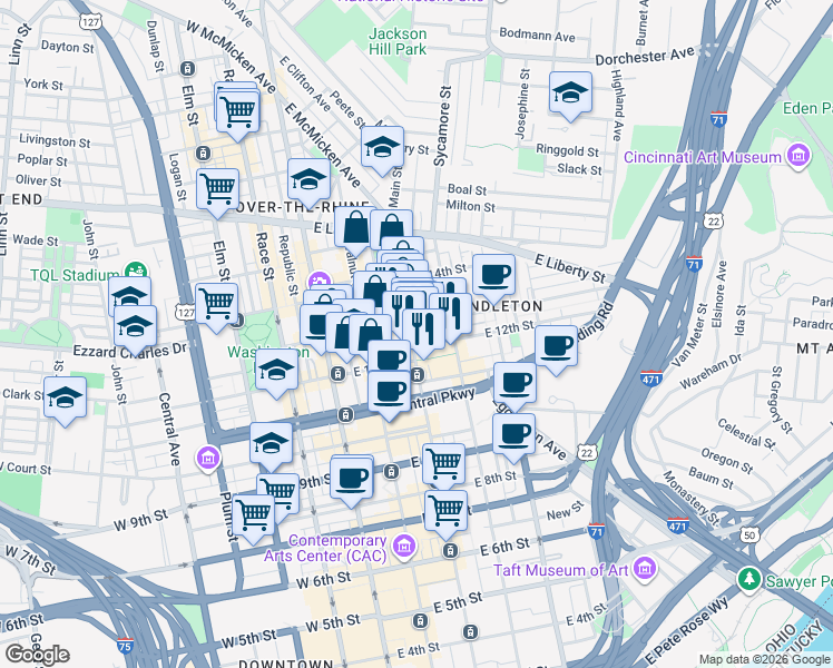 map of restaurants, bars, coffee shops, grocery stores, and more near 1206 Main Street in Cincinnati